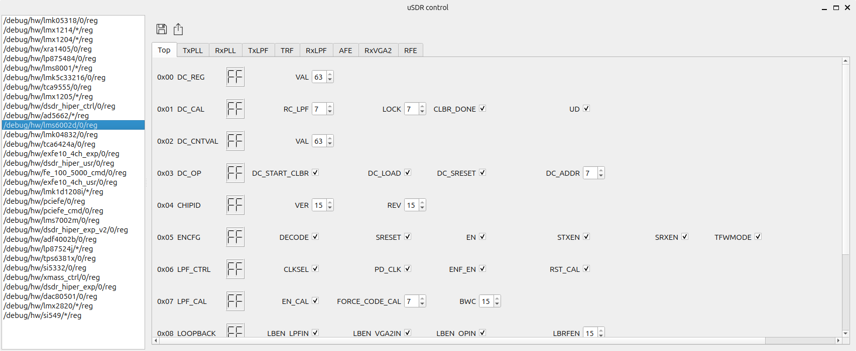 The usdr_registers tool window